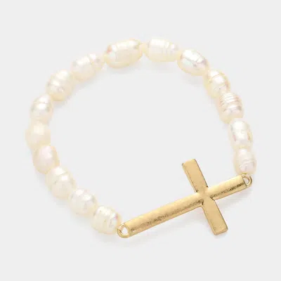 Fashnzfab Metal Cross Pearl Stretch Bracelet Cream, Gold In Multi