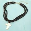 Fashnzfab Metal Cross Pendant Accent Beaded Multi Strand Necklace In Brown
