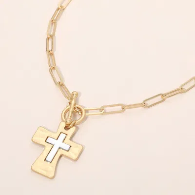 Fashnzfab Metal Cross Pendant Chunky Paperclip Chain Toggle Necklace In Gold