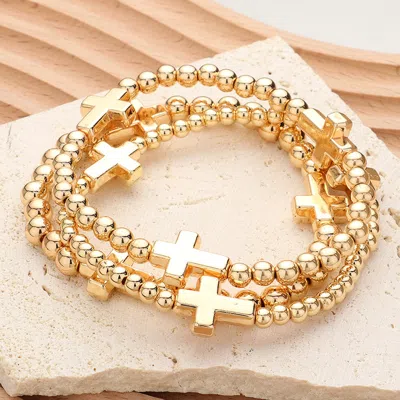 Fashnzfab Metal Cross Pointed Ball Beaded Stretch Multi Layered Bracelets Gold