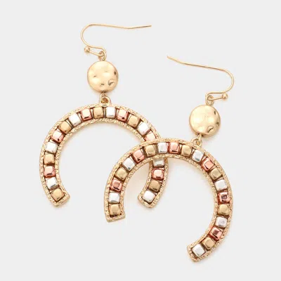Fashnzfab Metal Cube Detailed Double Horn Dangle Earrings - Three Tone In Gold