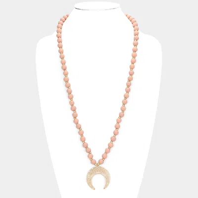 Fashnzfab Metal Cutout Double Horn Pendant Wood Long Necklace In Pink