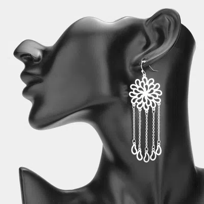 Fashnzfab Metal Cutout Flower Open Teardrop Tip Chain Fringe Dangle Earrings - Rhodium In Metallic