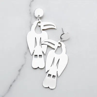 Fashnzfab Metal Cutout Toucan Drop Earrings - Rhodium In Orange