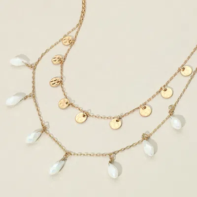 Fashnzfab Metal Disc Teardrop Bead Station Double Layered Necklace In White