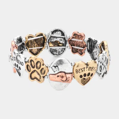 Fashnzfab Metal Dog Paw Best Friend Message Heart Stretch Bracelet Three Tone In Multi