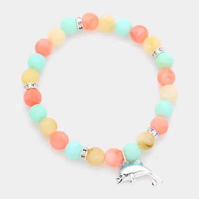 Fashnzfab Metal Dolphin Charm Beaded Stretch Bracelet Antique Silver, Multi In Pink
