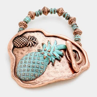 Fashnzfab Metal Double Pineapple Plate Beaded Toggle Stretch Bracelet Copper Burnished, Patina Verdigris In Multi
