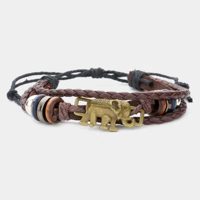 Fashnzfab Metal Elephant Multi-tier Faux Leather Adjustable Cinch Pull Tie Bracelet Multi