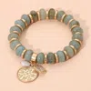 Fashnzfab Metal Embossed Medal Square Stone Pearl Charm Rein Disc Beaded Stretch Bracelet In Gold