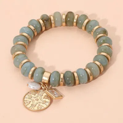 Fashnzfab Metal Embossed Medal Square Stone Pearl Charm Rein Disc Beaded Stretch Bracelet In Green