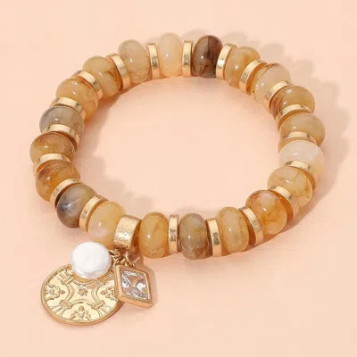 Fashnzfab Metal Embossed Medal Square Stone Pearl Charm Rein Disc Beaded Stretch Bracelet In Silver