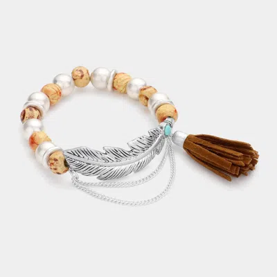 Fashnzfab Metal Feather Accented Faux Suede Tassel Stretch Beaded Bracelet Brown, Neutral, Turquoise In Multi