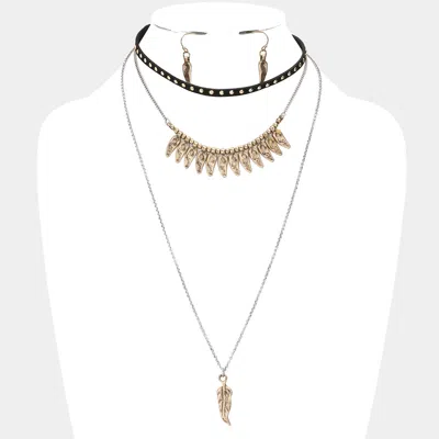Fashnzfab Metal Feather Pendant Triple Layered Necklace In Gold