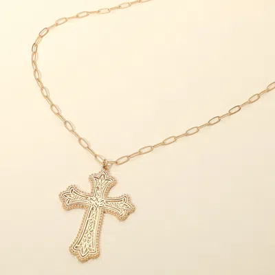Fashnzfab Metal Filigree Cross Pendant Long Necklace In Silver