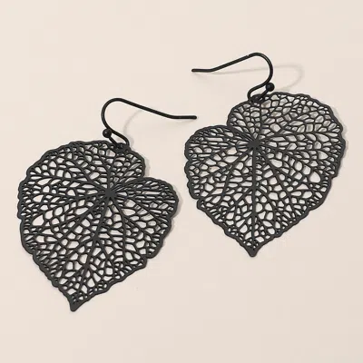 Fashnzfab Metal Filigree Leaf Dangle Earrings - Black