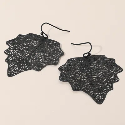 Fashnzfab Metal Filigree Leaf Dangle Earrings - Black