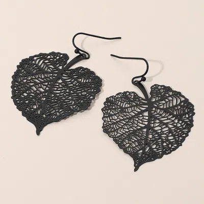 Fashnzfab Metal Filigree Leaf Dangle Earrings - Black