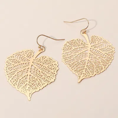 Fashnzfab Metal Filigree Leaf Dangle Earrings - Gold