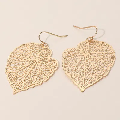Fashnzfab Metal Filigree Leaf Dangle Earrings - Gold