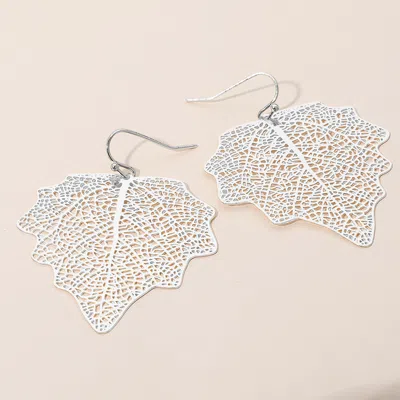 Fashnzfab Metal Filigree Leaf Dangle Earrings - Matte Silver In Metallic