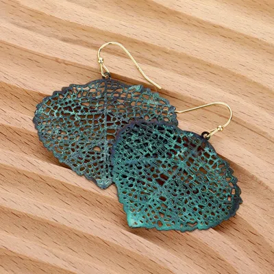 Fashnzfab Metal Filigree Leaf Dangle Earrings - Patina Verdigris In Green