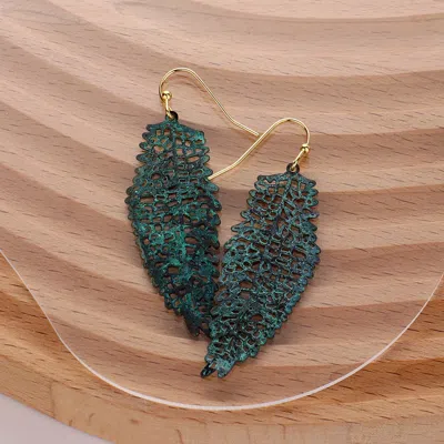 Fashnzfab Metal Filigree Leaf Dangle Earrings - Patina Verdigris In Green