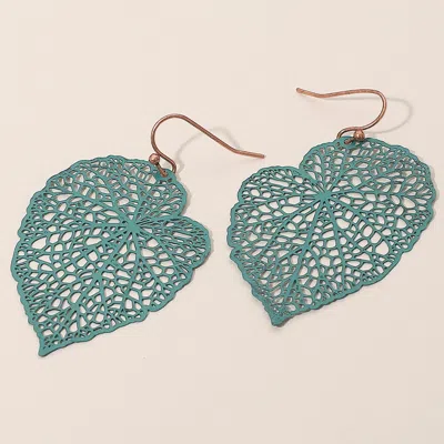 Fashnzfab Metal Filigree Leaf Dangle Earrings - Patina Verdigris In Green