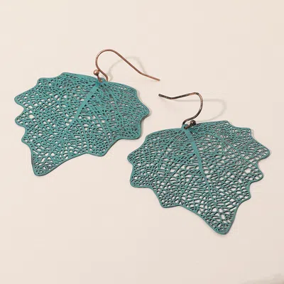 Fashnzfab Metal Filigree Leaf Dangle Earrings - Patina Verdigris In Green