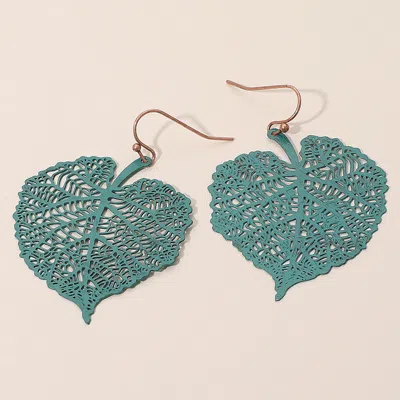Fashnzfab Metal Filigree Leaf Dangle Earrings - Patina Verdigris In Green