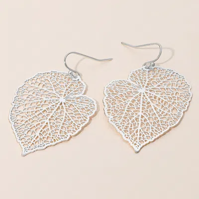 FASHNZFAB METAL FILIGREE LEAF DANGLE EARRINGS - RHODIUM