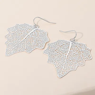 Fashnzfab Metal Filigree Leaf Dangle Earrings - Rhodium In White