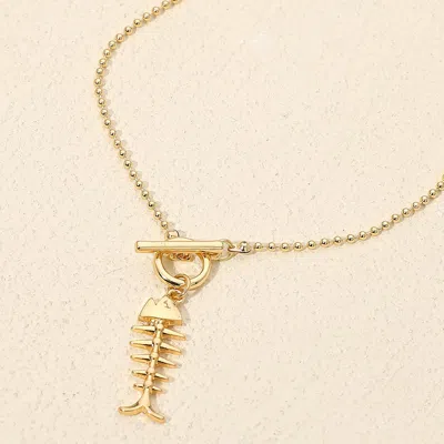 Fashnzfab Metal Fishbone Toggle Pendant Beaded Chain Necklace - Gold In Silver