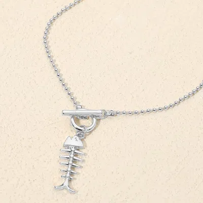 Fashnzfab Metal Fishbone Toggle Pendant Beaded Chain Necklace - Rhodium In Silver