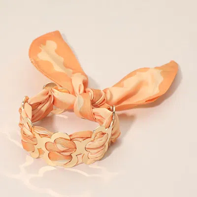 Fashnzfab Metal Floral Ring Patterned Fabric Fabric Scarf Adjustable Bracelet In Orange