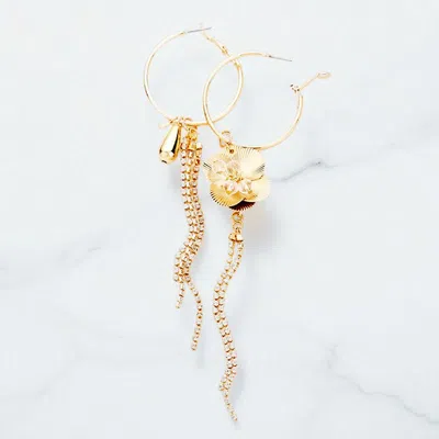 Fashnzfab Metal Flower Rhinestone Pave Tassel Hoop Earrings In Gold