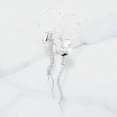 Fashnzfab Metal Flower Rhinestone Pave Tassel Hoop Earrings In Metallic