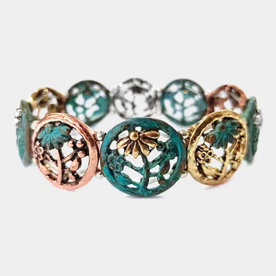 Fashnzfab Metal Flower Stretch Bracelet Patina Verdigris In Multi