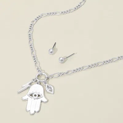 Fashnzfab Metal Hamsa Hand Lightning Evil Eye Pendant Necklace In Silver