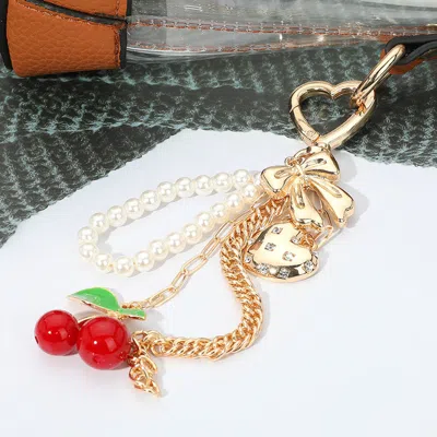 Fashnzfab Metal Heart Bow Pearl Beaded Cherry Charm Drop Keychain / Bag Charm In Gold