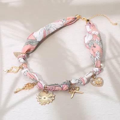 Fashnzfab Metal Heart Bow Pearl Quatrefoil Key Charm Station Fabric Scarf Necklace - Light, Pink In Multi