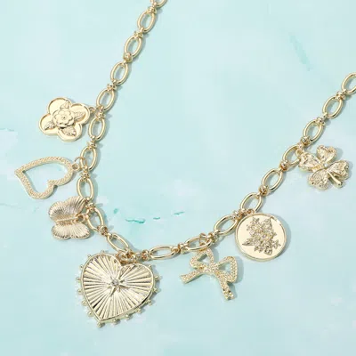 Fashnzfab Metal Heart Butterfly Bow Clover Stone Cluster Charm Station Necklace In Gold