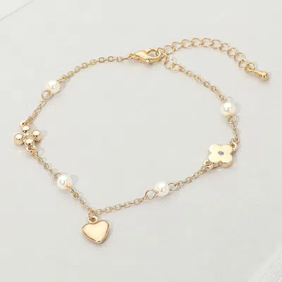 Fashnzfab Metal Heart Charm Accent Floral Pearl Station Chain Bracelet - Cream, Gold