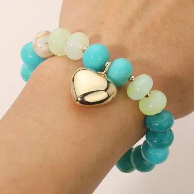 Fashnzfab Metal Heart Charm Accent Resin Pebble Beaded Stretch Bracelet In Gold