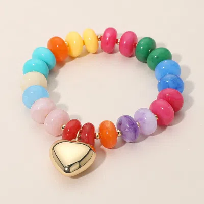 Fashnzfab Metal Heart Charm Accent Resin Pebble Beaded Stretch Bracelet In Multi