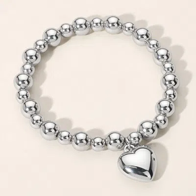 Fashnzfab Metal Heart Charm Ball Beaded Stretch Bracelet Rhodium In Silver