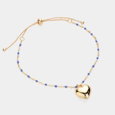 Fashnzfab Metal Heart Charm Beads Station Pull Tie Bracelet Blue In Gold