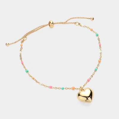 Fashnzfab Metal Heart Charm Beads Station Pull Tie Bracelet Multi