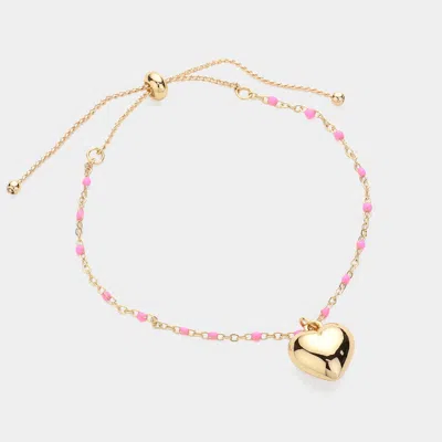 Fashnzfab Metal Heart Charm Beads Station Pull Tie Bracelet In Pink