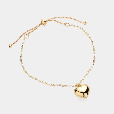 Fashnzfab Metal Heart Charm Beads Station Pull Tie Bracelet White In Gold